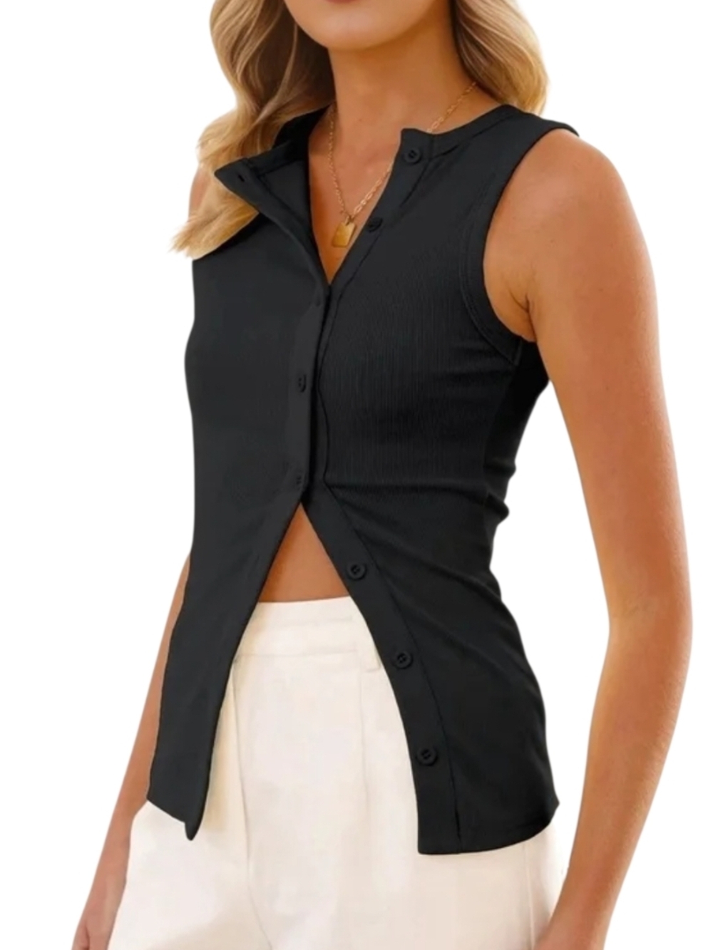 SYNEELIFE - Large Sleeveless Button Up Shirt Women Slim Fitted Vest Top - Picture 3 of 8